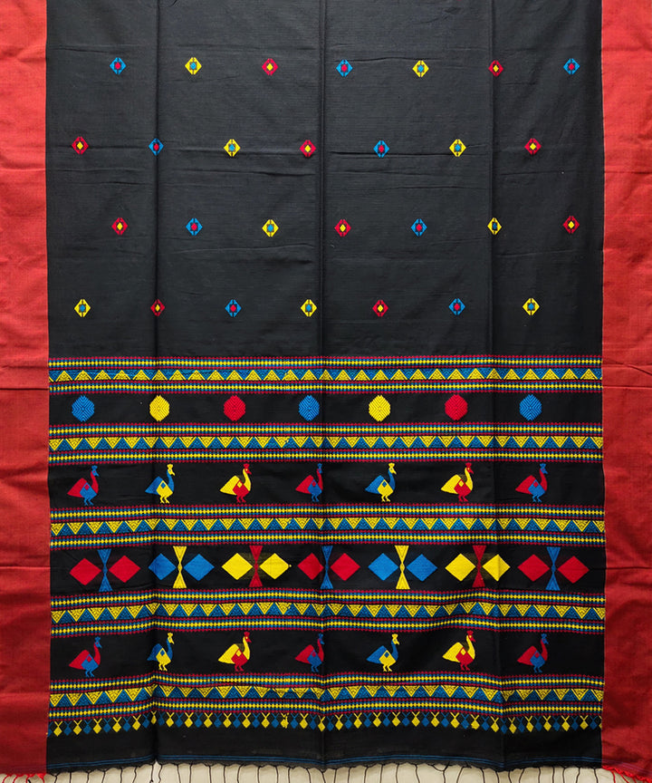 Black red handwoven jacquard mercerised cotton saree