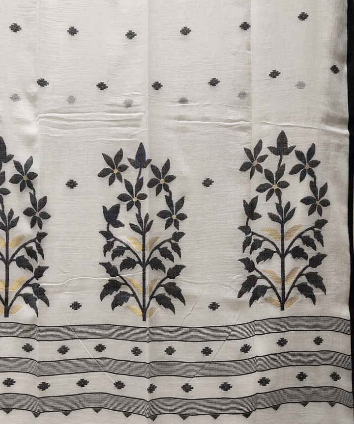 Offwhite black handwoven mulmul cotton jamdani saree