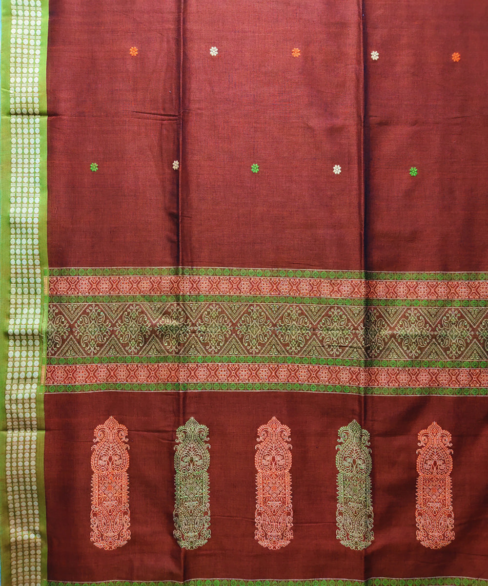 Red rust green handwoven jacquard mercerised cotton saree