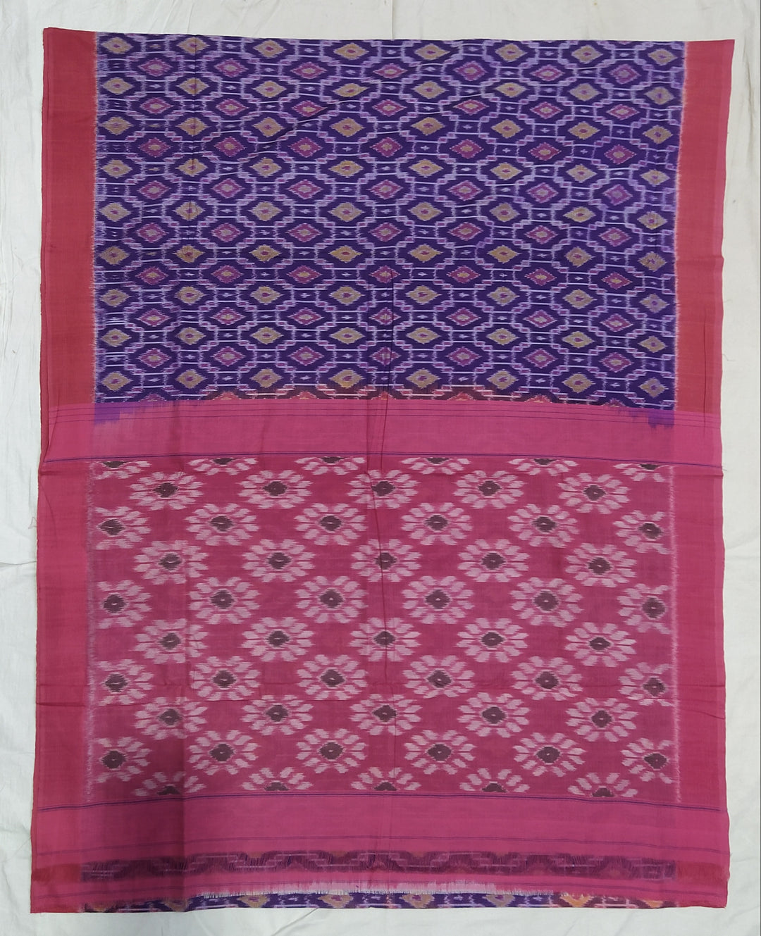 Navy blue and pink cotton handwoven pochampally ikat saree