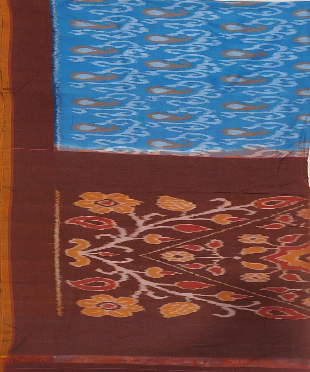 Sky blue and brown cotton handwoven pochampally ikat saree
