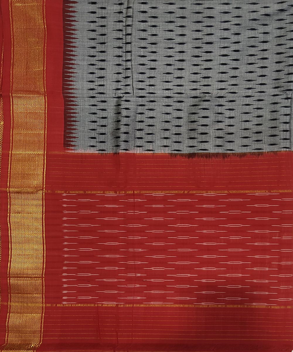 Grey and red cotton handwoven pochampally ikat saree