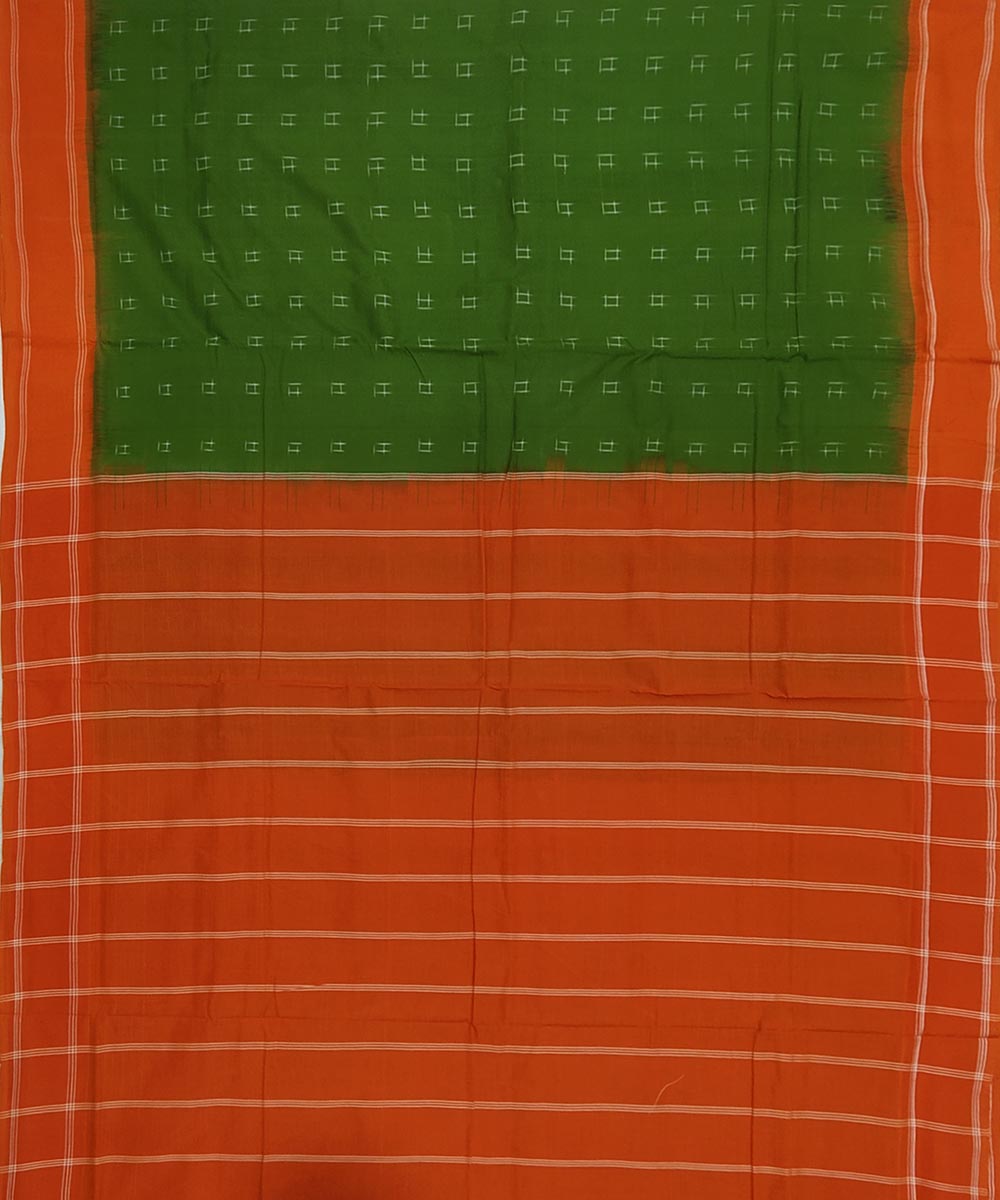 Light green and orange cotton handwoven pochampally ikat saree