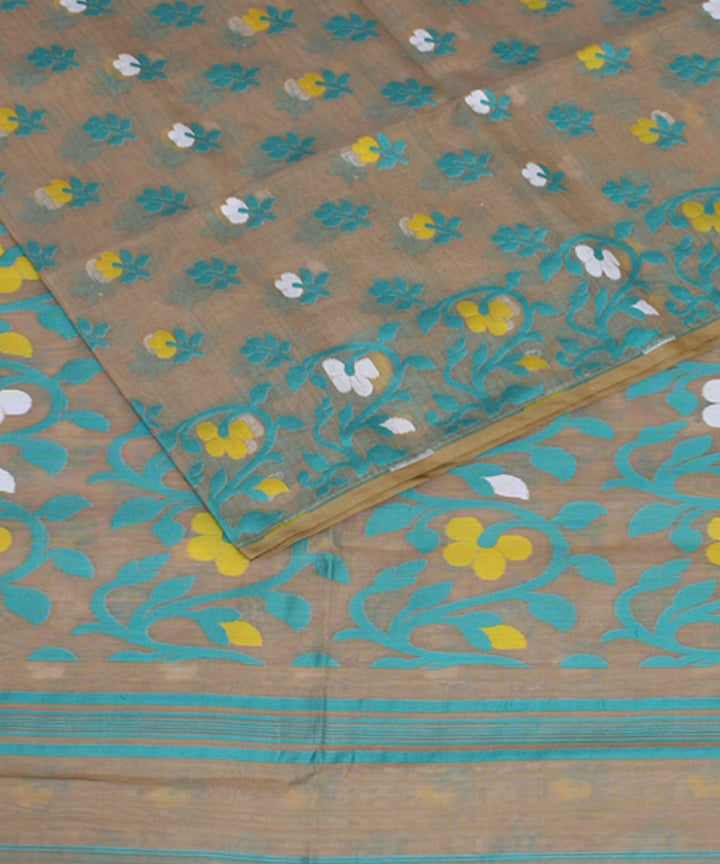 Beige blue handloom cotton saree