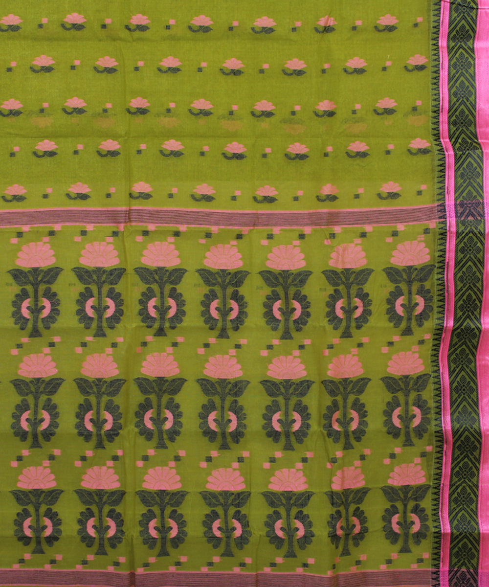 Lime green handwoven cotton bengal tangail saree