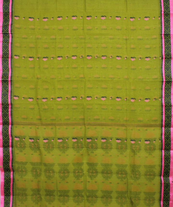 Lime green handwoven cotton bengal tangail saree