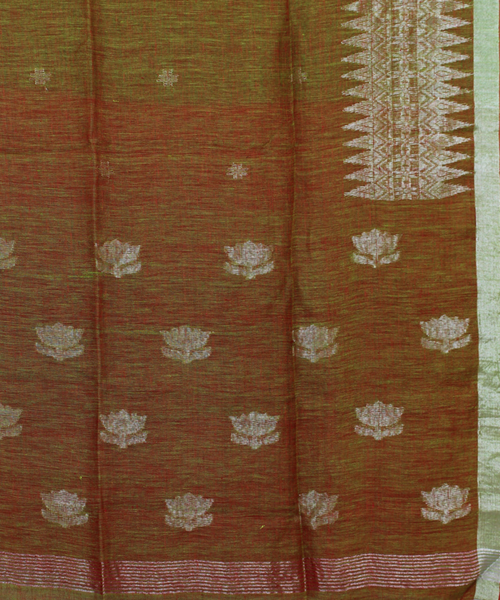Brown Green bengal handloom Linen Saree