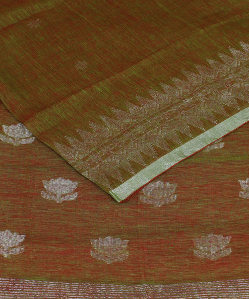 Brown Green bengal handloom Linen Saree