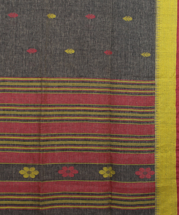 Grey Red Yellow bengal bengal handloom Linen Saree