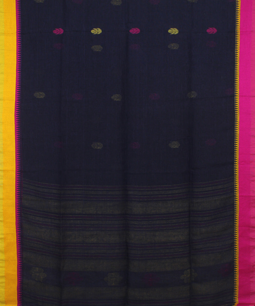 Navy Blue Pink Yellow bengal handloom Linen  Saree