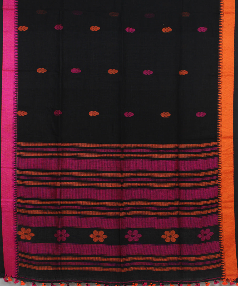 Black Pink Orange bengal handloom Linen  Saree