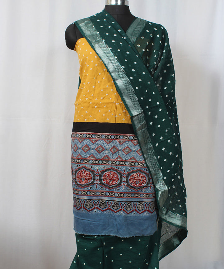 3pc Yellow and green cotton hand printed bandhani suit set
