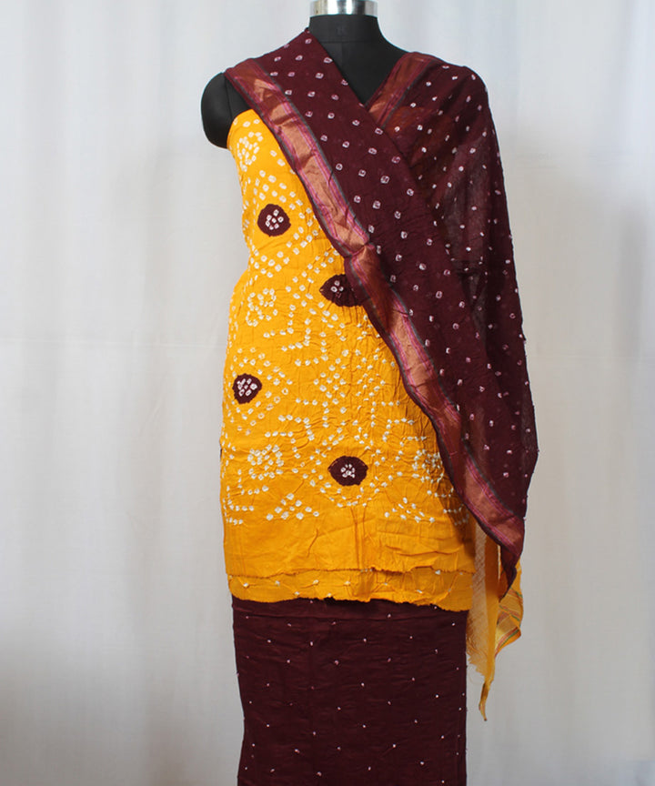 3pc Yellow dark brown cotton hand printed bandhani suit set