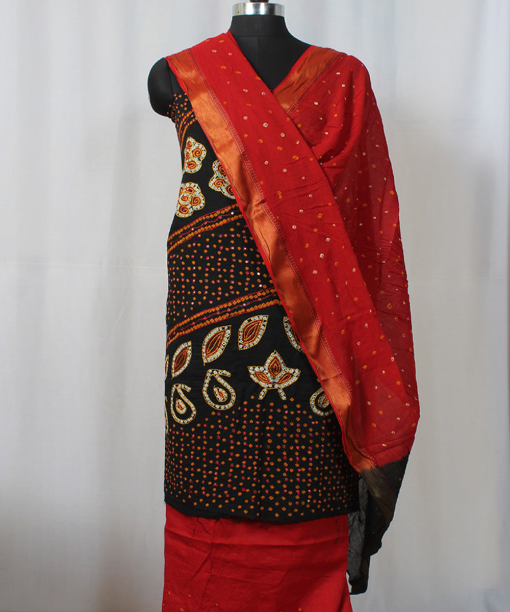 3pc Black and red cotton hand printed bandhani suit set