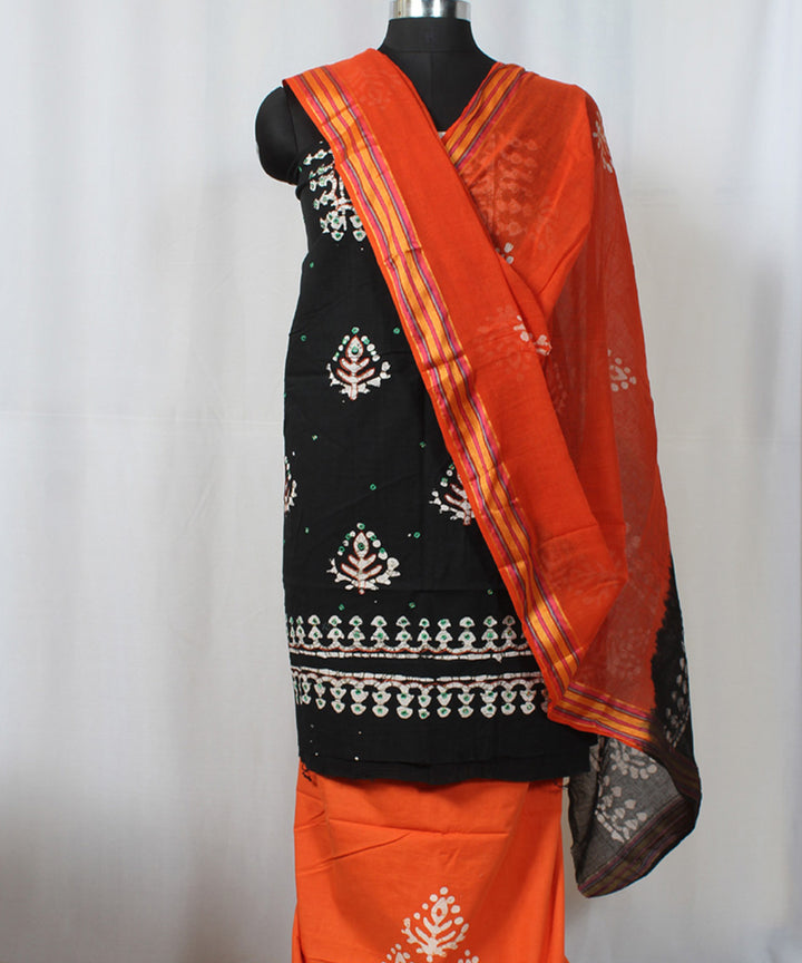 3pc Black orange hand printed cotton batik suit set