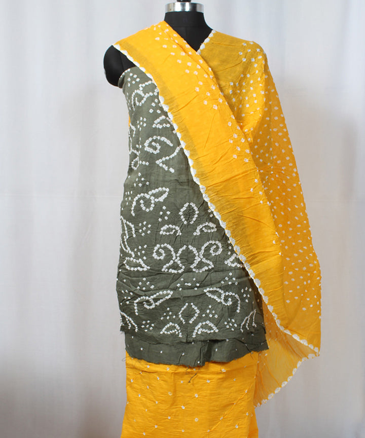 3pc Grey yellow cotton hand printed bandhani suit set