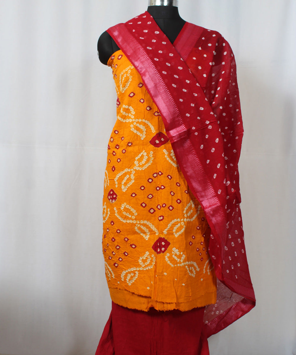 3 pc Yellow red cotton hand printed bandhani suit set