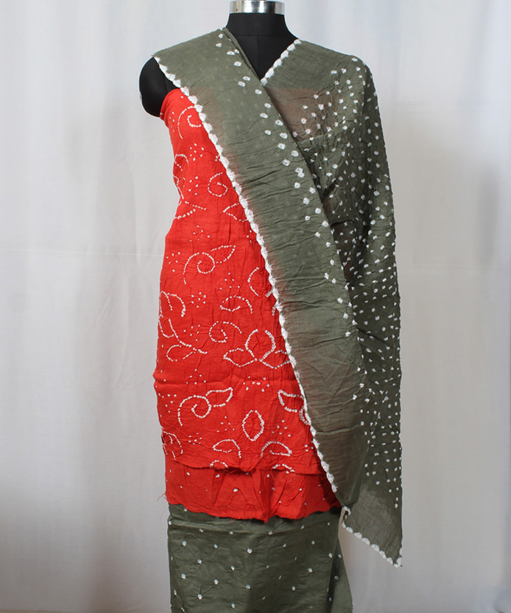 3pc Orange grey cotton hand printed bandhani suit set