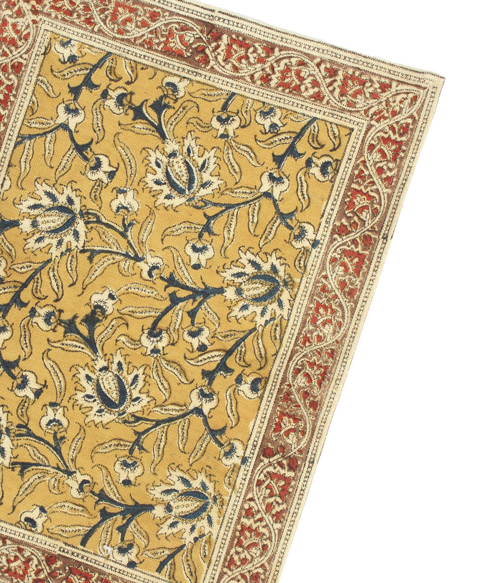 Yellow multicolor hand printed kalamkari cotton table mat