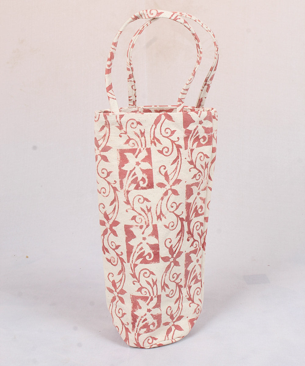 Pink hand printed kalamkari cotton water bottle bag