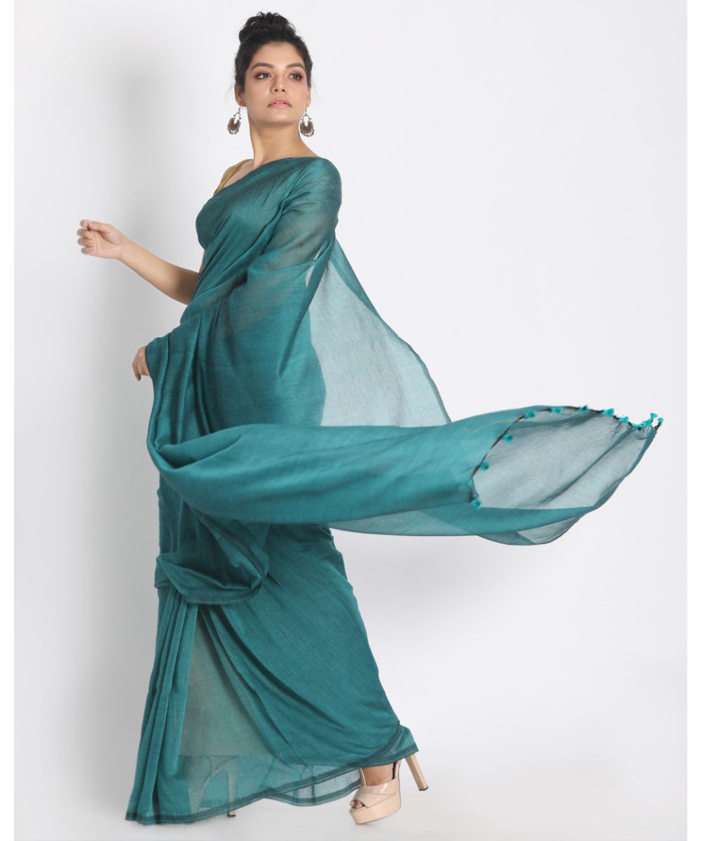 Teal green handwoven bengal cotton saree