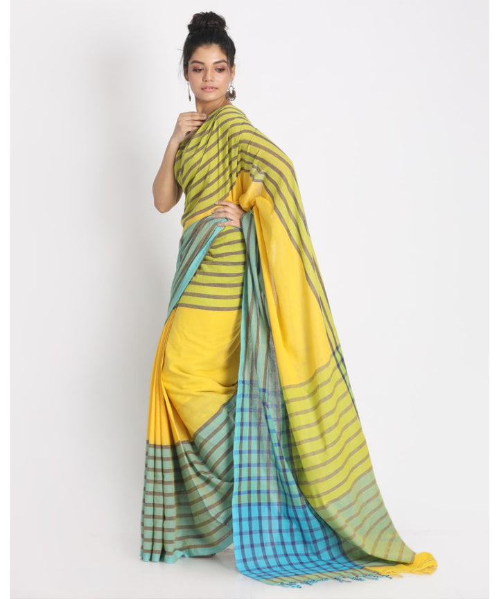 Yellow blue handwoven bengal cotton saree