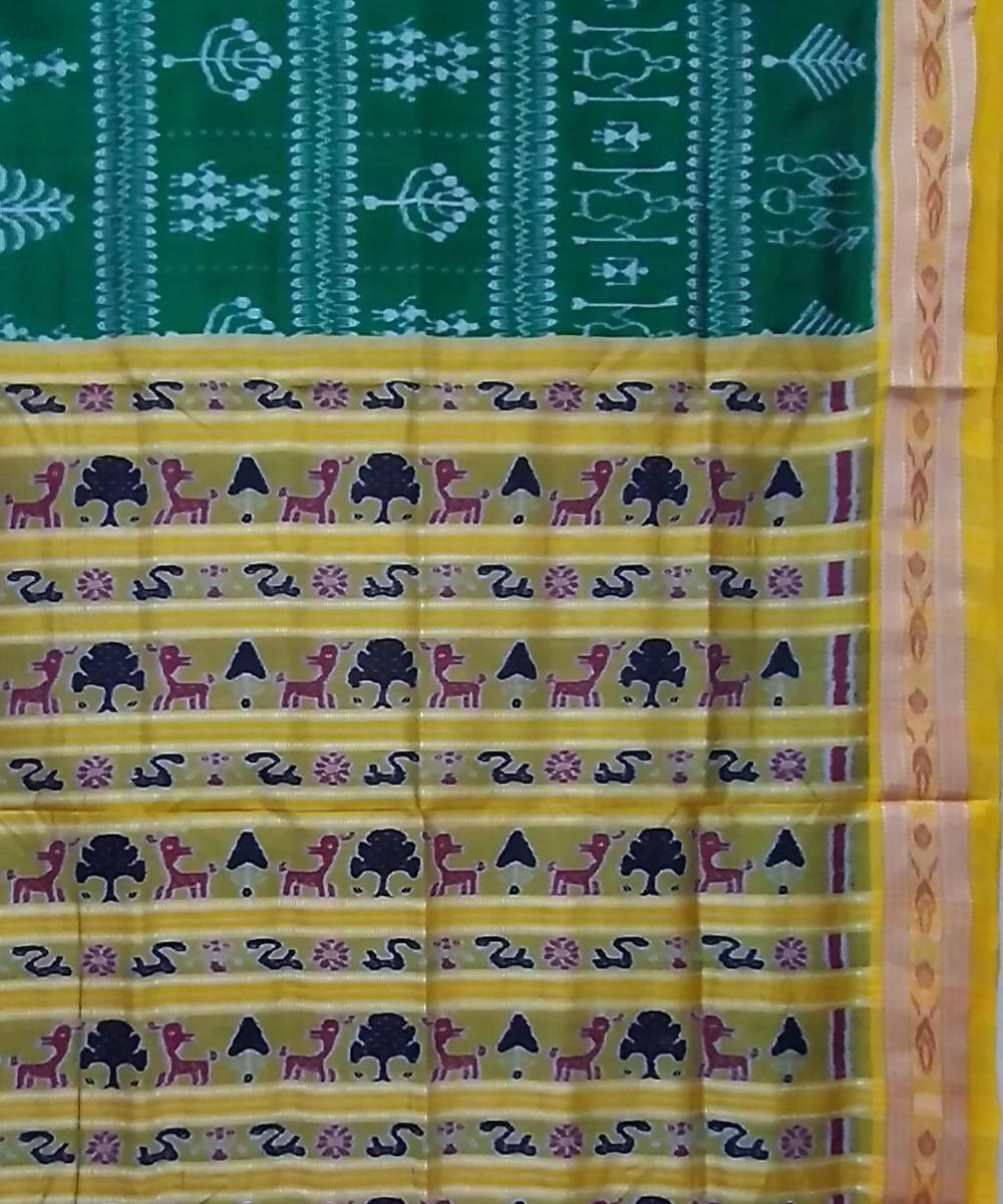 Dark green yellow handwoven silk khandua saree