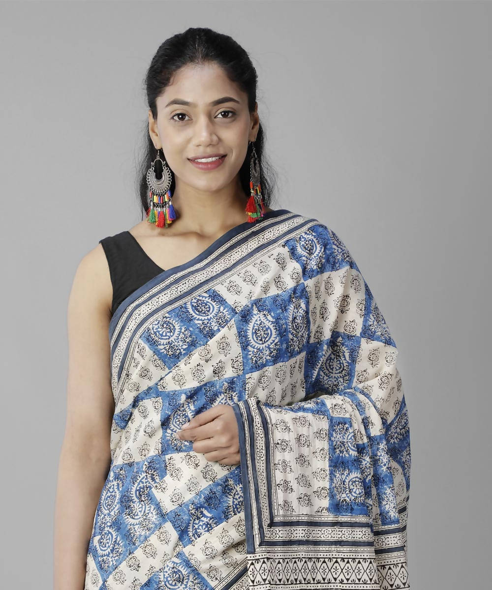 Blue cream bagru handblock printed cotton saree