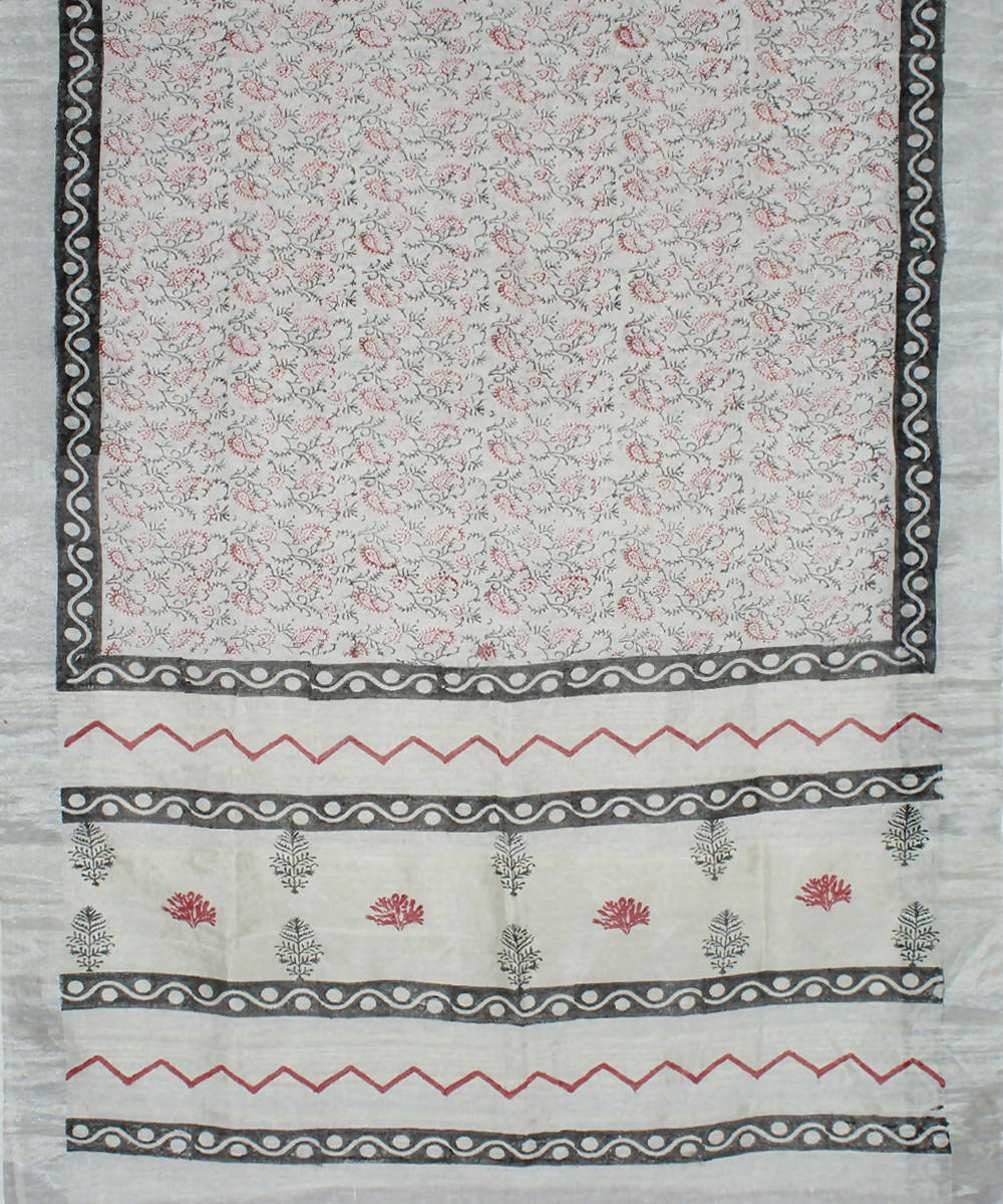 Silver White Block Print Handloom Linen Saree