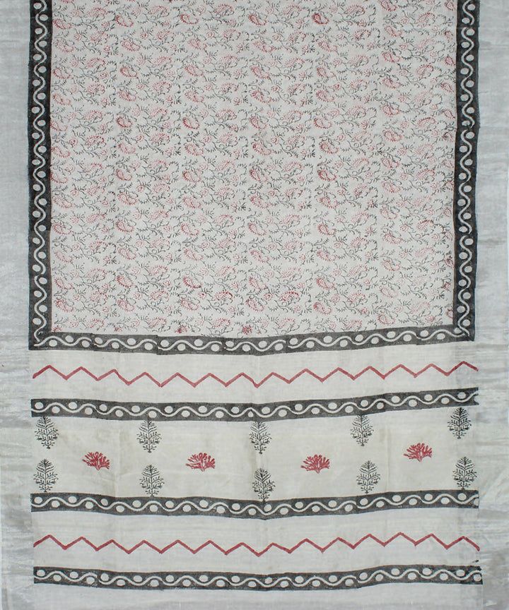 Silver White Block Print Handloom Linen Saree