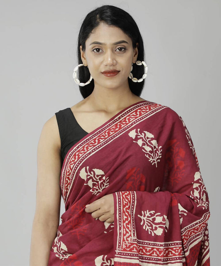 Dark red bagru handblock printed cotton saree
