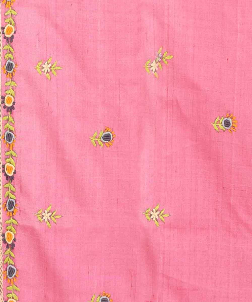 Peach bengal hand embroidery tussar silk saree