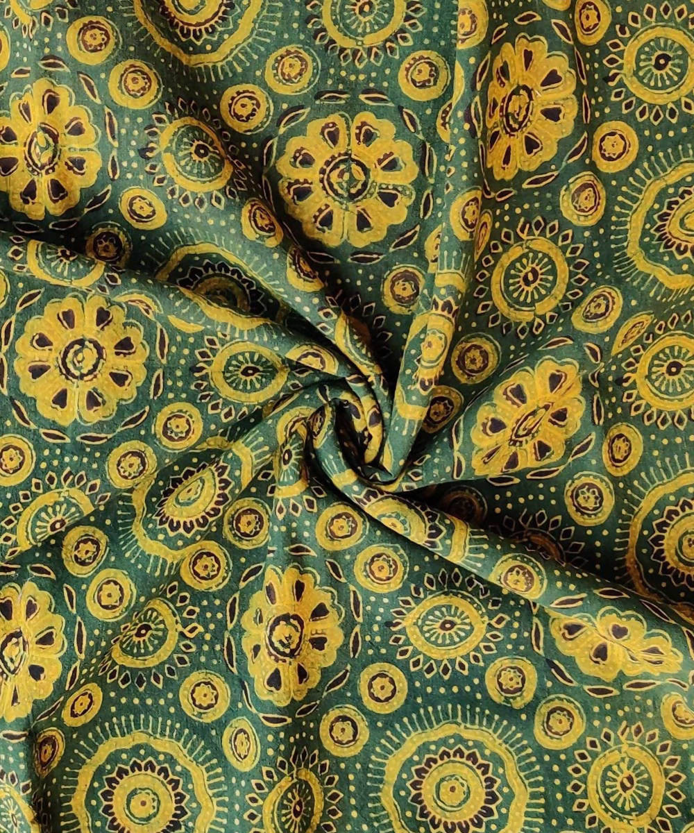2.5m Green yellow natural dye ajrakh print handspun handwoven cotton kurta fabric