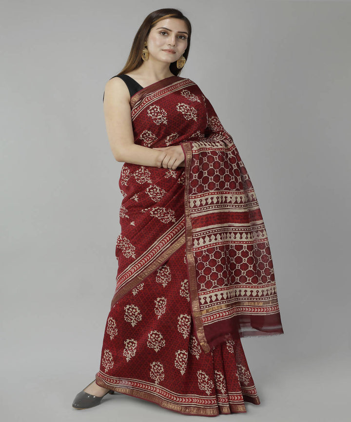 Dark red bagru handblock printed cotton silk saree
