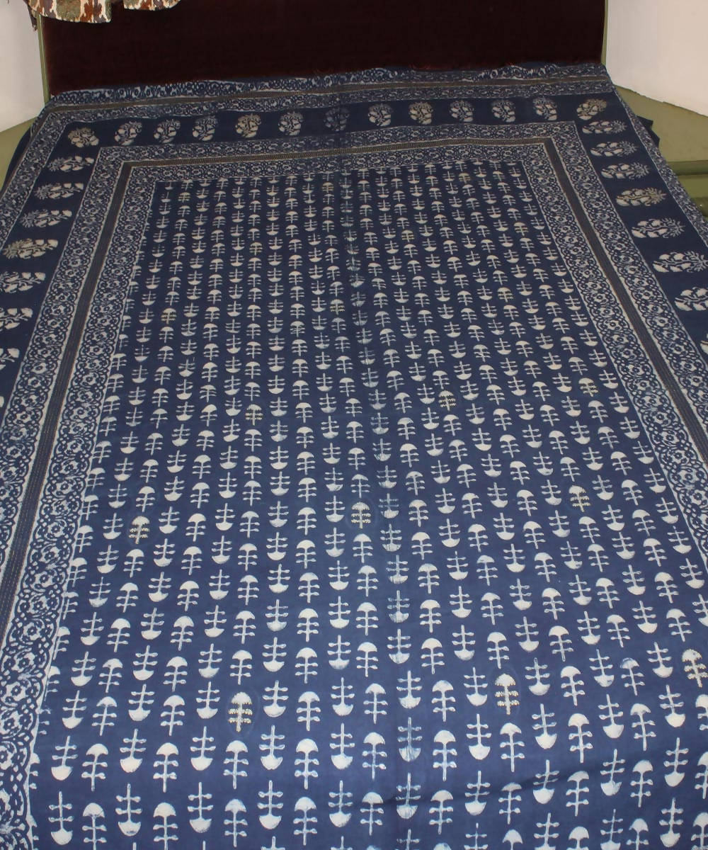 Indigo handblock printed double cotton bedsheet