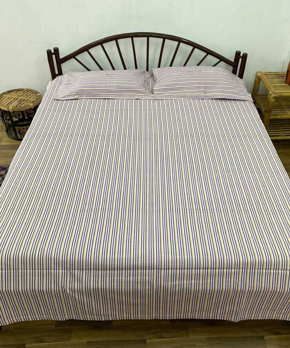 White yellow and purple handwoven cotton striped bedsheet with pillow cover