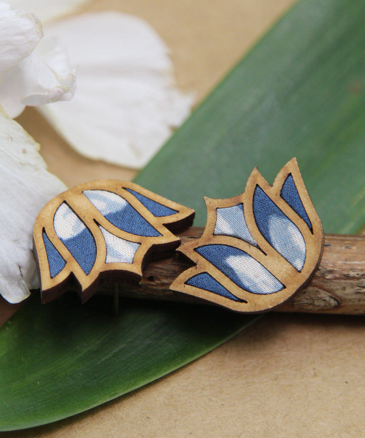 Handcrafted indigo lotus fabric and wood stud earring
