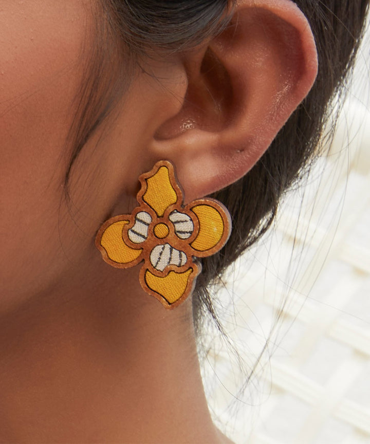 Handcrafted yellow leaf motif fabric and wood stud earring