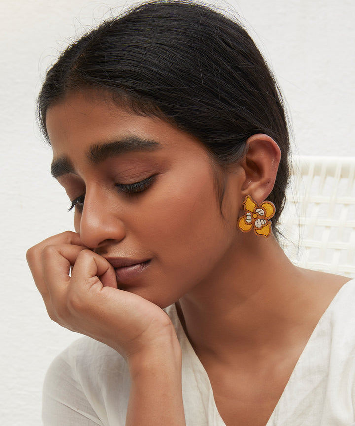 Handcrafted yellow leaf motif fabric and wood stud earring