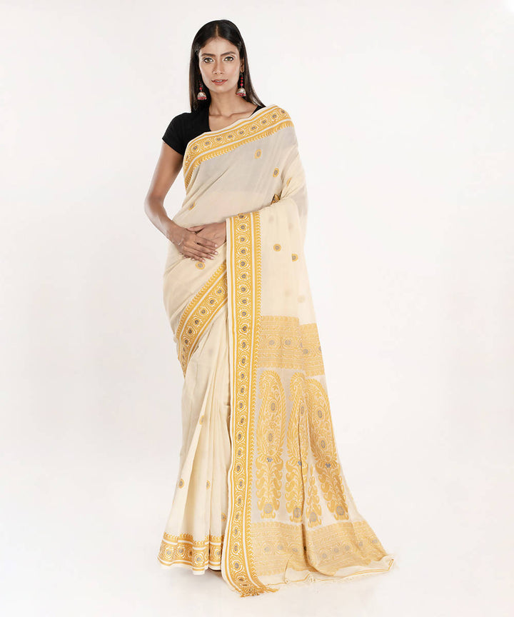 Cream and yellow handloom tangail bengal cotton saree