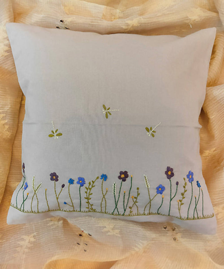 Hand embroidered grey floral cotton cushion cover