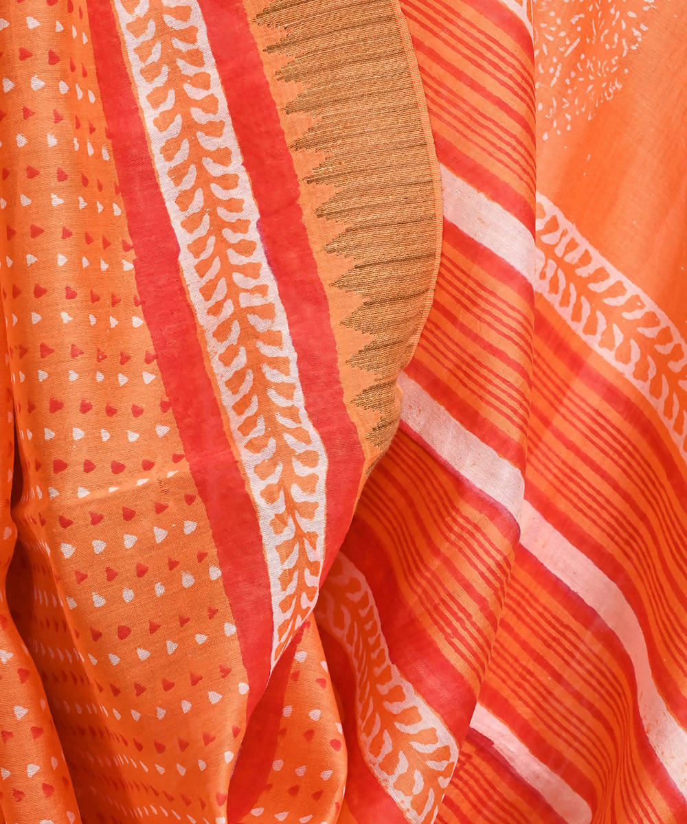 Orange cotton silk hand block printed saree with matching blouse