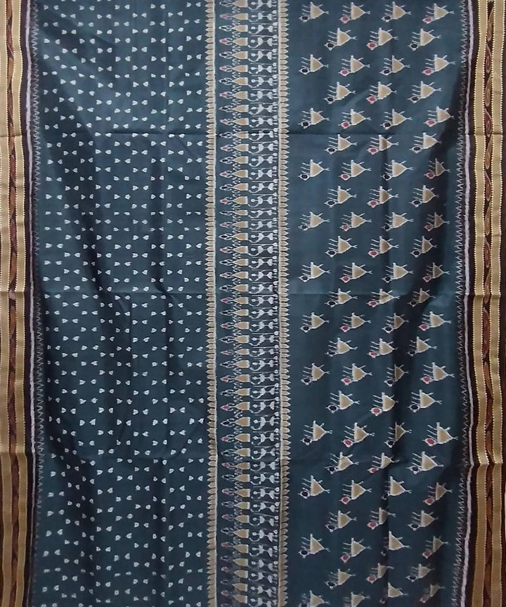 Navy blue brown handwoven silk khandua saree