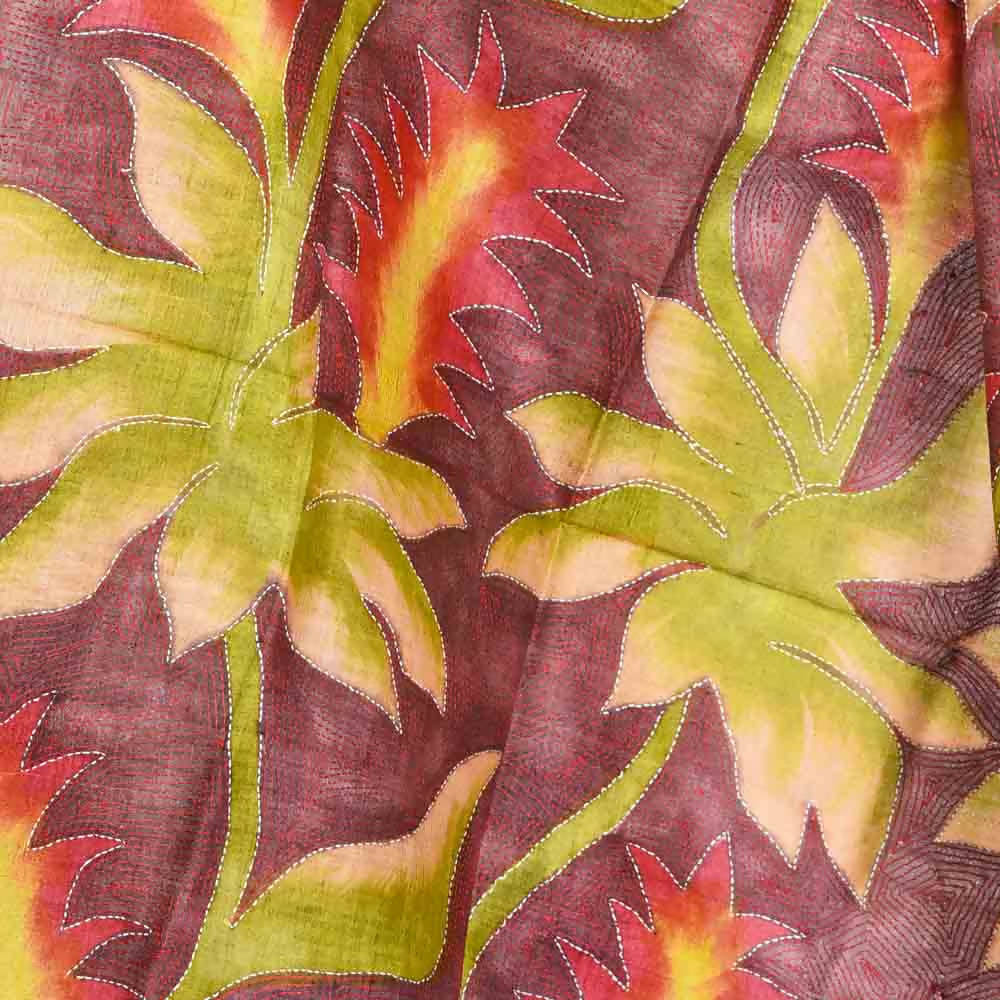 Green leaf motif kantha stitch hand embroidery handloom silk dupatta