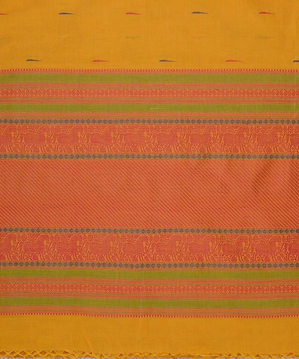 Yellow handloom kanchi cotton saree with mallimoggu butti green border