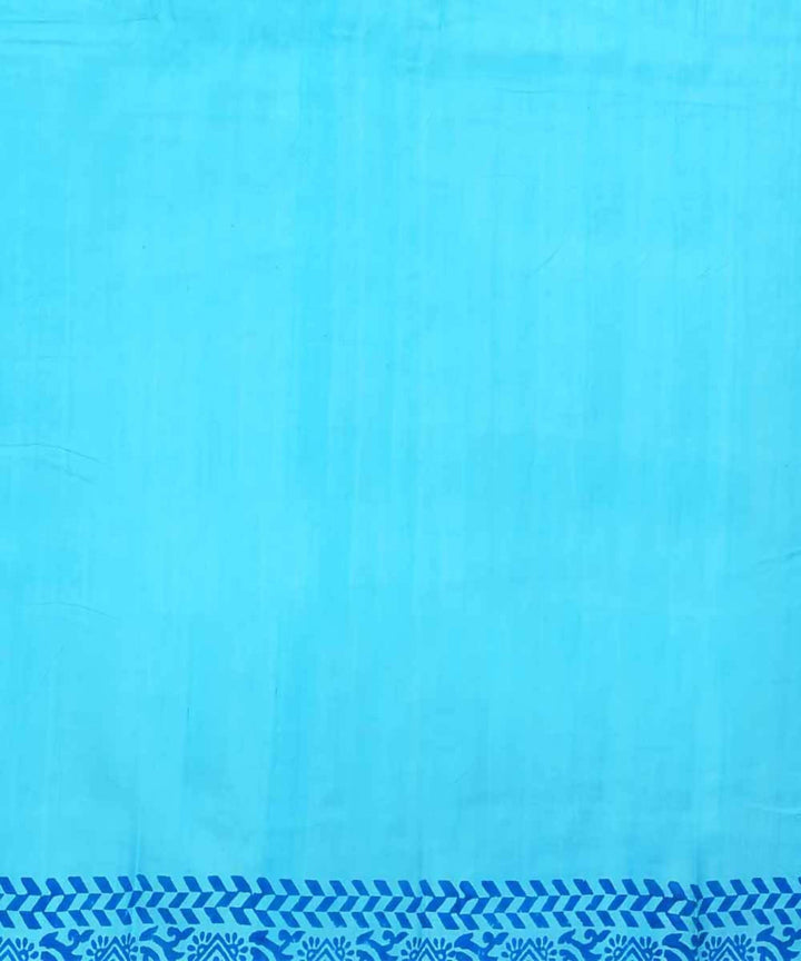 Blue block print handloom mulberry silk with tussar ketia stripe saree