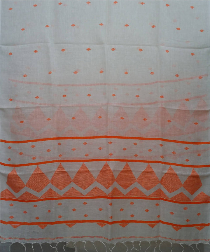 White Orange Handloom Linen Jamdani Dupatta