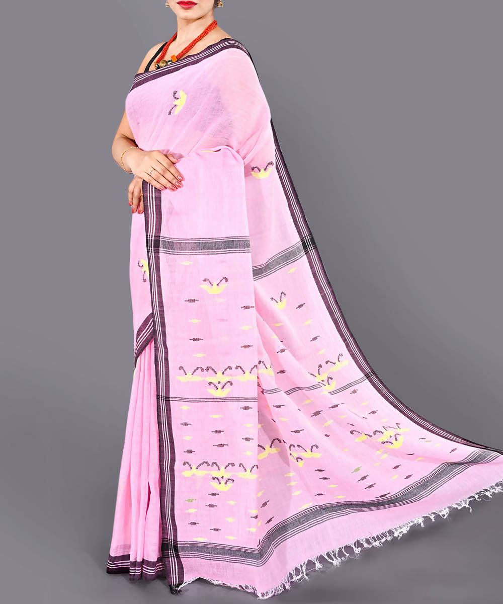 Peachish pink cotton moirang phee from with jamdani rose motifs on pallu  Purchsae919810530027  Indian fashion Saree Bollywood saree