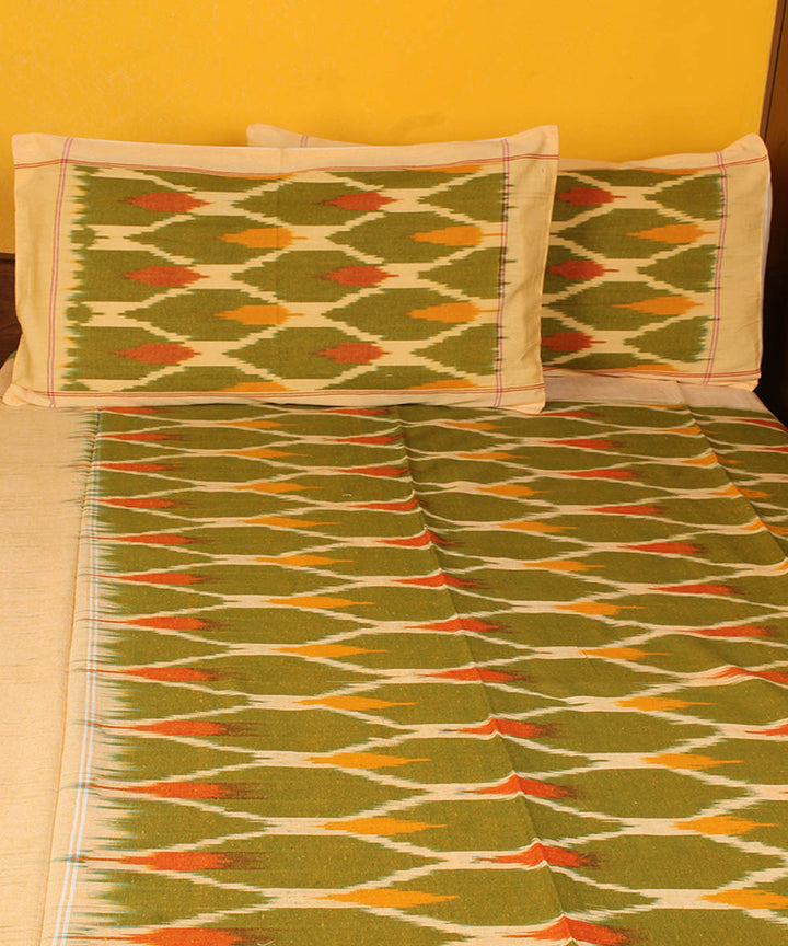 Olive green handwoven cotton pochampally ikat bedsheet