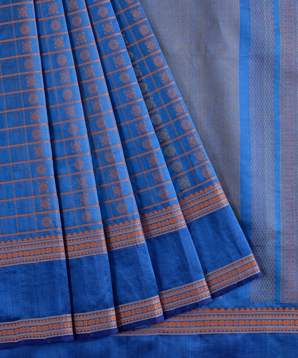 Peacock blue Kanjivaram silk cotton thread work checks butta saree